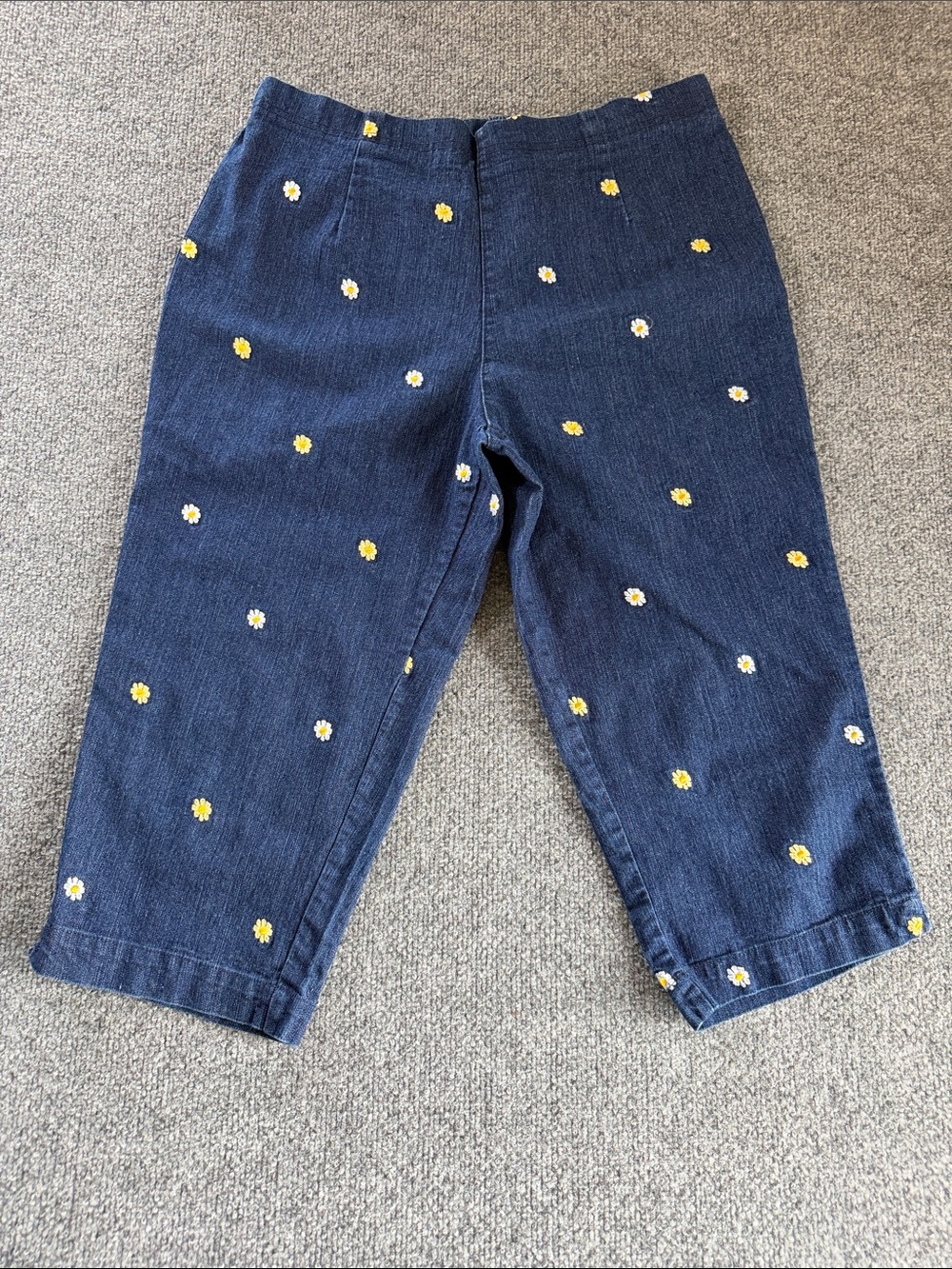 Women’s Sz 10 Floral Embroidered Daisy Dark Blue Capris Boho Cottagecore Granny